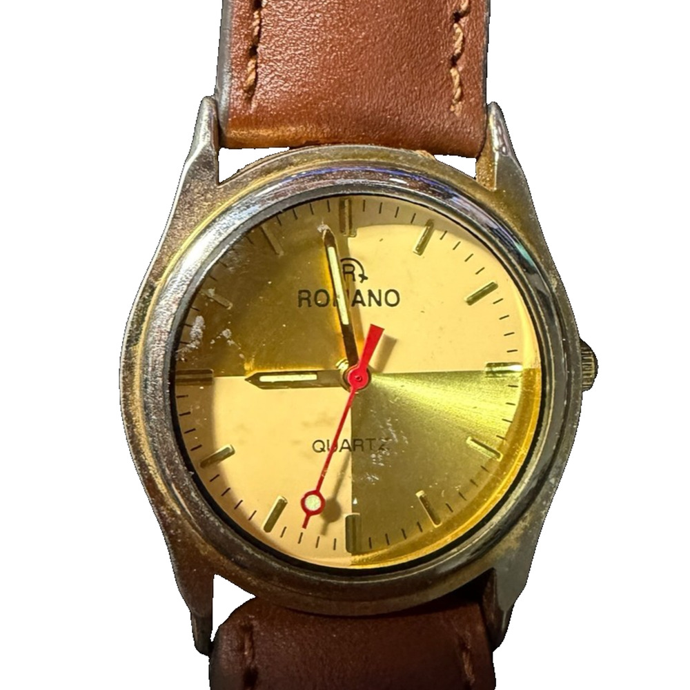Romano Quartz Watch Gold Tone Case Brown Genuine Leather Band Unisex Timepiece